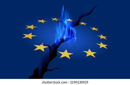 EU Energy Shortage And Economy Crisis. Natural Gas Flame On Cracked And Burning Europe Union Flag. Vector Illustration.