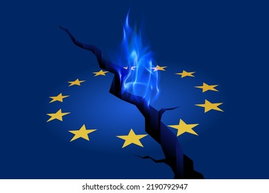 EU Energy Shortage And Economy Crisis. Natural Gas Flame On Cracked And Burning European Union Flag. Vector Illustration.