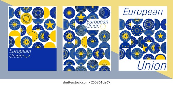 EU Europe Union flag banner, background, web, greeting card, poster, holiday cover, label, flyer, layout. Patriotic Social media print for presentation, information. 