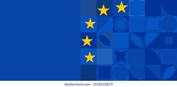 Flagge und Symbolhintergrund der EU-Union, Banner, Hintergrundbilder für Text. Europa patriotische Vorlage goldene Sterne und blaues Feld mit einfachen geometrischen Formen