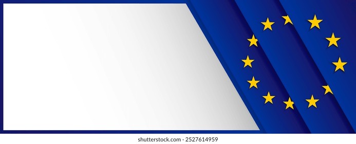 Bandera de la UE, fondo blanco, Anuncio, Fondo de pantalla para texto. Plantilla patriótica de Europa estrellas doradas y campo azul