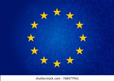 eu flag and binary future technology map, blue cyber security concept background. vector illustration