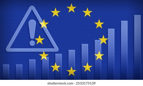 EU-Flagge mit Brustwarzenstruktur, Warnschild und aufsteigendem Balkendiagramm, das die zunehmenden Risiken oder Wachstumsherausforderungen im Land symbolisiert. Ideal für Datenpräsentationen.