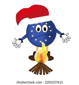 The EU flag with eyes and a smile in the Christmas hat of Santa Claus spreads his hands in front of the fire.