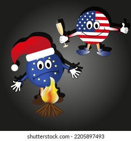 The EU flag with eyes and a smile in the Christmas hat of Santa Claus spreads his hands in front of the fire and flag USA with glass of champagne in his hands in cut out paper style.