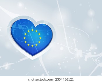 Bandera de la UE en forma de corazón 3D y fondo de manchas de pintura abstracta. Bandera de la Unión Europea. Uso para folletos, material impreso, logotipos, carteles, elementos, etc.