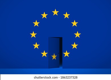 The EU flag and the half-open door in the center, dark space is behind the door. Concept of withdrawal from the European Union or join the EU, entering or leaving of territory, crossing of borders