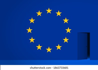 Die EU-Flagge und die halb offene Tür nebenan, dunkler Raum hinter der Tür. Konzept des Rückzugs aus der Europäischen Union oder des Beitritts zur EU, Einreise in das Hoheitsgebiet oder Verlassen des Hoheitsgebiets, Überschreiten der Grenzen