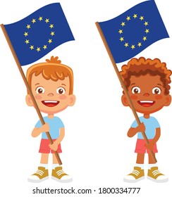 EU flag in hand. Children holding flag. Europe flag vector
