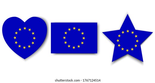 EU flag icons. Collection of flags of the European Union. Different forms of emblems of European countries.
