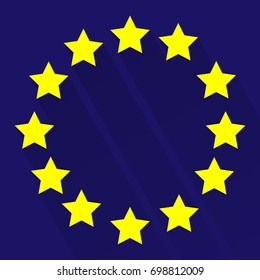 EU flag with long shadow. Yellow stars on blue square background. EPS10 vector illustration for web application, design element, infographic, banner, icon, symbol, template, sign. Simple nation flag.