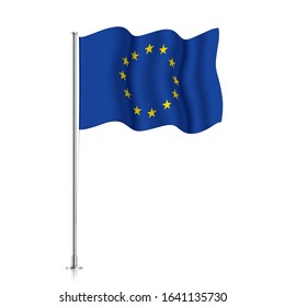 EU flag on a metallic pole. Official flag of European Union, isolated on a white background. Waving EU flag hanging on a pillar. Vector illustration.