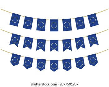 EU Flag On The Ropes On White Background. Set Of Patriotic Bunting Flags. Bunting Decoration Of Europe Flag