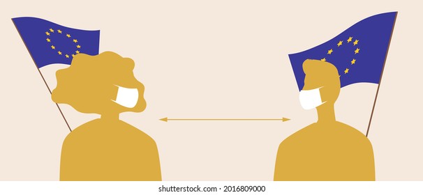 EU flag, people wearing face masks. Silhouette vector stock illustration. Medical masks for covid. People in the European Union and social distance. Silhouettes of Europeans. Isolated illustration