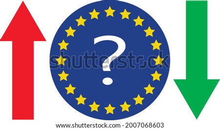 EU flag with a question mark in the middle and red and blue arrows pointing in different directions 