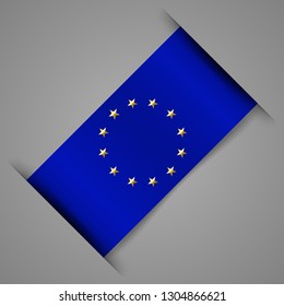 EU flag. Ribbon stylized flag of the European Union. Golden stars on blue background. Realistic illustration. Vector illustration.