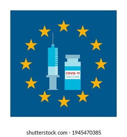 EU-Flagge und Spritze mit Koronavirus-Impfstoff. Konzept der Massenimpfung und Impfung gegen Cavid-19 in der EU. Vektorgrafik