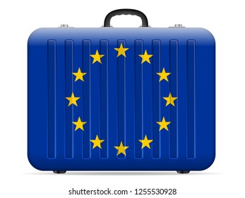 EU flag travel suitcase on a white background. Vector illustration.