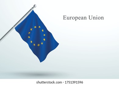 Bandera de la UE ondeando el vector de 3d con mástil