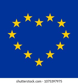 EU flag with yellow stars in a shape of heart on blue background. Vector illustration.