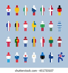 EU flags. UK exit from the EU. a referendum in Britain. political caricature. vector illustration on gray background.