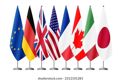 EU and G7 countries flags on flag stands, vector