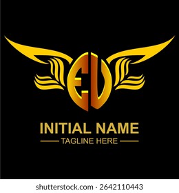 EU Golden Wing Emblem Logo with elegant gold wings, sleek and modern design. Ideal for branding, creative projects, luxury businesses, or artistic ventures.