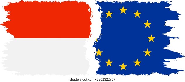 Verbindung zwischen der EU und Indonesien mit Grunge-Flaggen, Vektorgrafik