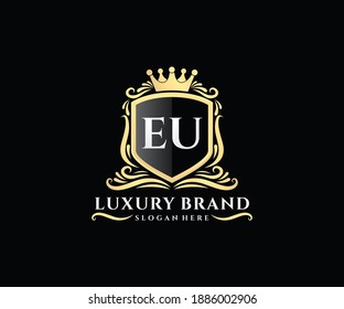 EU Initial Letter Gold kalligraphische feminine Blütenhandgezeichnet heraldische Monogramm antike Vintage Stil Luxus Logo Design.