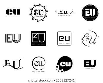 EU logo company template. Letter e and u logotype. Set different classic serif lettering and modern bold text with design elements. Initial font typography. Collection trendy business identity.