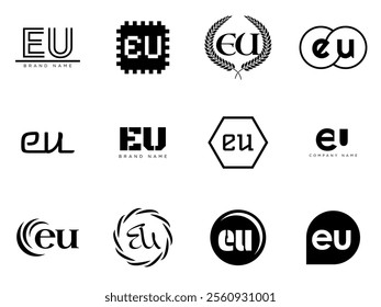 EU logo company template. Letter e and u logotype. Set different classic serif lettering and modern bold text with design elements. Initial font typography. Collection trendy business identity.