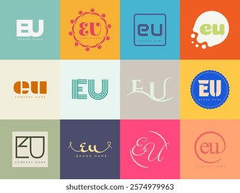 EU logo company template. Letter e and u logotype. Set different classic serif lettering and modern bold text with design elements. Initial font typography. Collection trendy business identity.