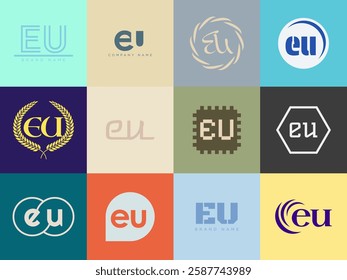 EU logo company template. Letter e and u logotype. Set different classic serif lettering and modern bold text with design elements. Initial font typography. Collection trendy business identity.