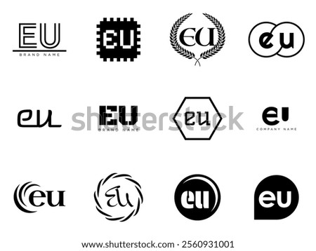 EU logo company template. Letter e and u logotype. Set different classic serif lettering and modern bold text with design elements. Initial font typography. Collection trendy business identity.