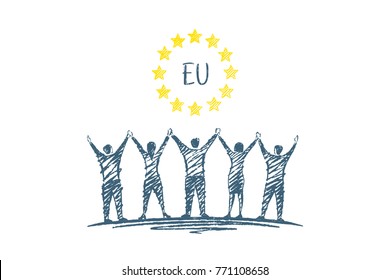 EU logo. Friends hold hands, hands are lifted up. Conceptual vector illustration, hand drawn sketch.