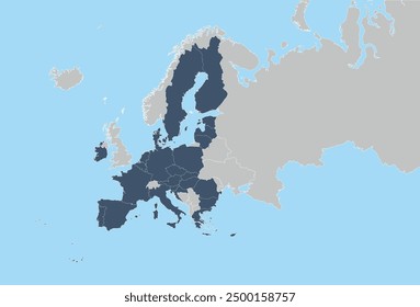 EU map with 27 members in single color of one layer and surrounding countries the other layer