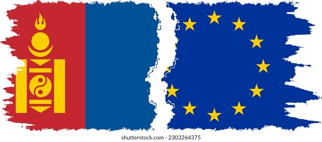 EU and Mongolia grunge flags connection, vector