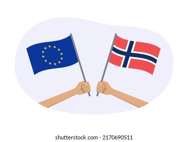 EU And Norway Flags. Norwegian And European Union Symbols. Hand Holding Waving Flag. Vector Illustration.