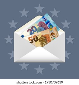 EU paper money inside a postal envelope. 50 and 20 euro banknotes