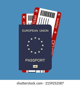 EU passport with air tickets. A variant of the concept document of European citizens. Vector illustration on a blue background.