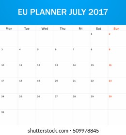 EU Planner blank for July 2017. Scheduler, agenda or diary template. Week starts on Monday