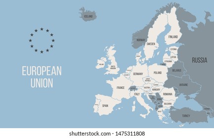 EU poster map. European Union political map. Europe map isolated on blue background. Vector illustration