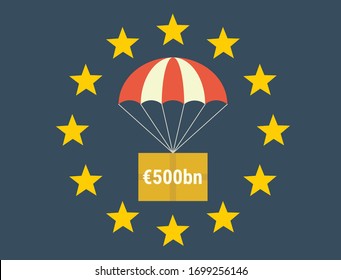 La UE ofrece un paquete de rescate de 500.000 millones de euros a los países europeos durante la pandemia del coronavirus covid-19. Estrellas de la bandera de la Unión Europea con ayuda en el centro. fondo de rescate. vector ilustrativo