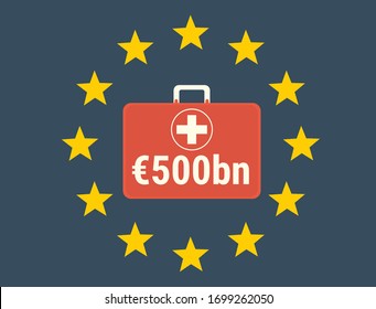 EU Provides €500bn Euros Billion Rescue Package To European Countries During The Coronavirus Covid-19 Pandemic. European Union Flag Stars With First Aid In Centre. Bailout Fund. Illustration Vector