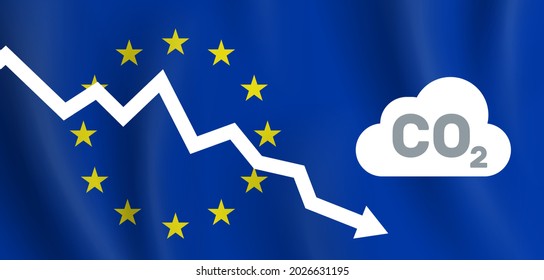 EU reducing co2 carbon dioxide emission  graph down european union flag background vector illustration