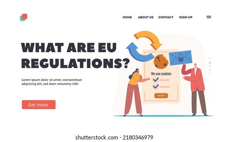 Eu Regulations Landing Page Template. Protection Of Personal Information Cookie, GDPR. Tiny Characters With Huge Internet Pop Up We Use Cookies Policy Notification. Cartoon People Vector Illustration