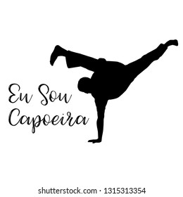 eu sou capoeira word with silhouette man with au batido move