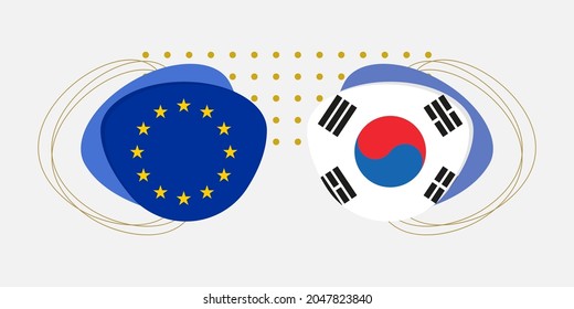 EU and South Korea flags. Korean and European Union symbols with abstract background and geometric shapes. Vector illustration.