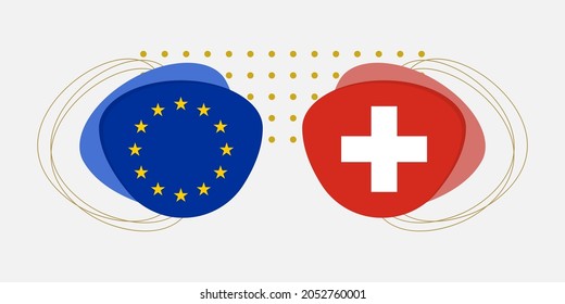 Flaggen der EU und der Schweiz. Symbole der Schweiz und der Europäischen Union mit abstraktem Hintergrund und geometrischen Formen. Vektorgrafik.