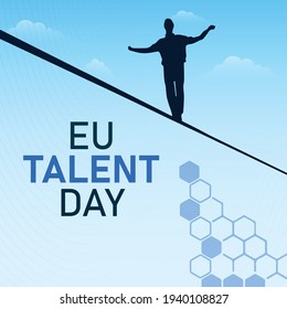 EU Talent Day. Sky Blue Background With Man Character